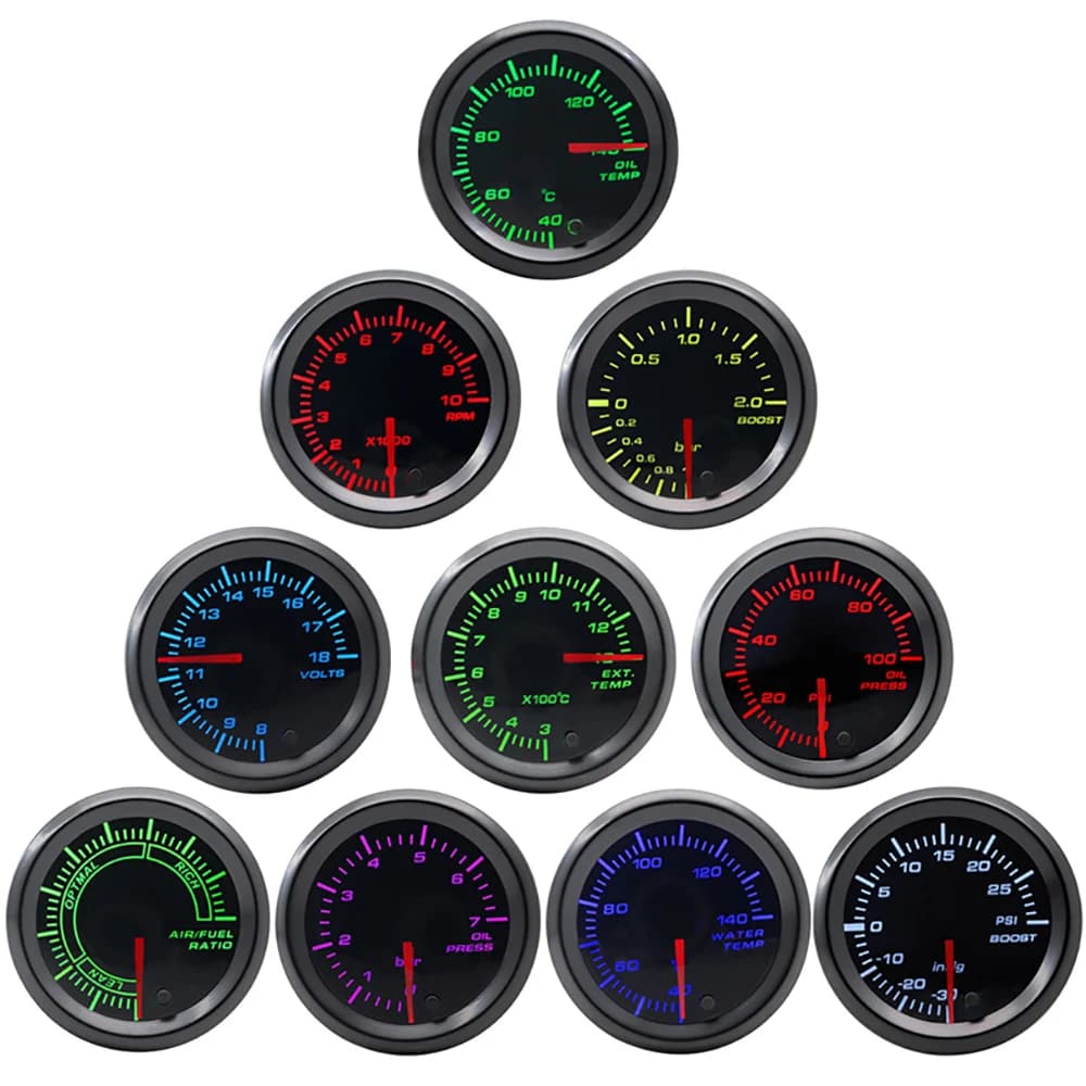 2' 52mm LED Tinted 7 Color Series Boost/Water Temp/Oil Temp/Oil Pressure/Voltmeter/Air Fuel Ratio/EGT/Tachometer RPM Car Gauge