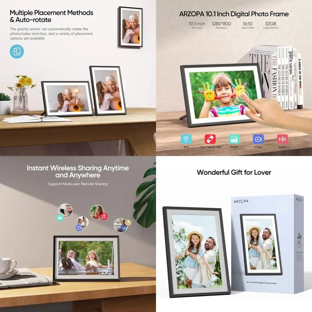 Cornice digitale intelligente WiFi 10.1, 32 GB, touch screen IPS 1280x800, rotazione automatica, diapositive, condivisione fotografica remota