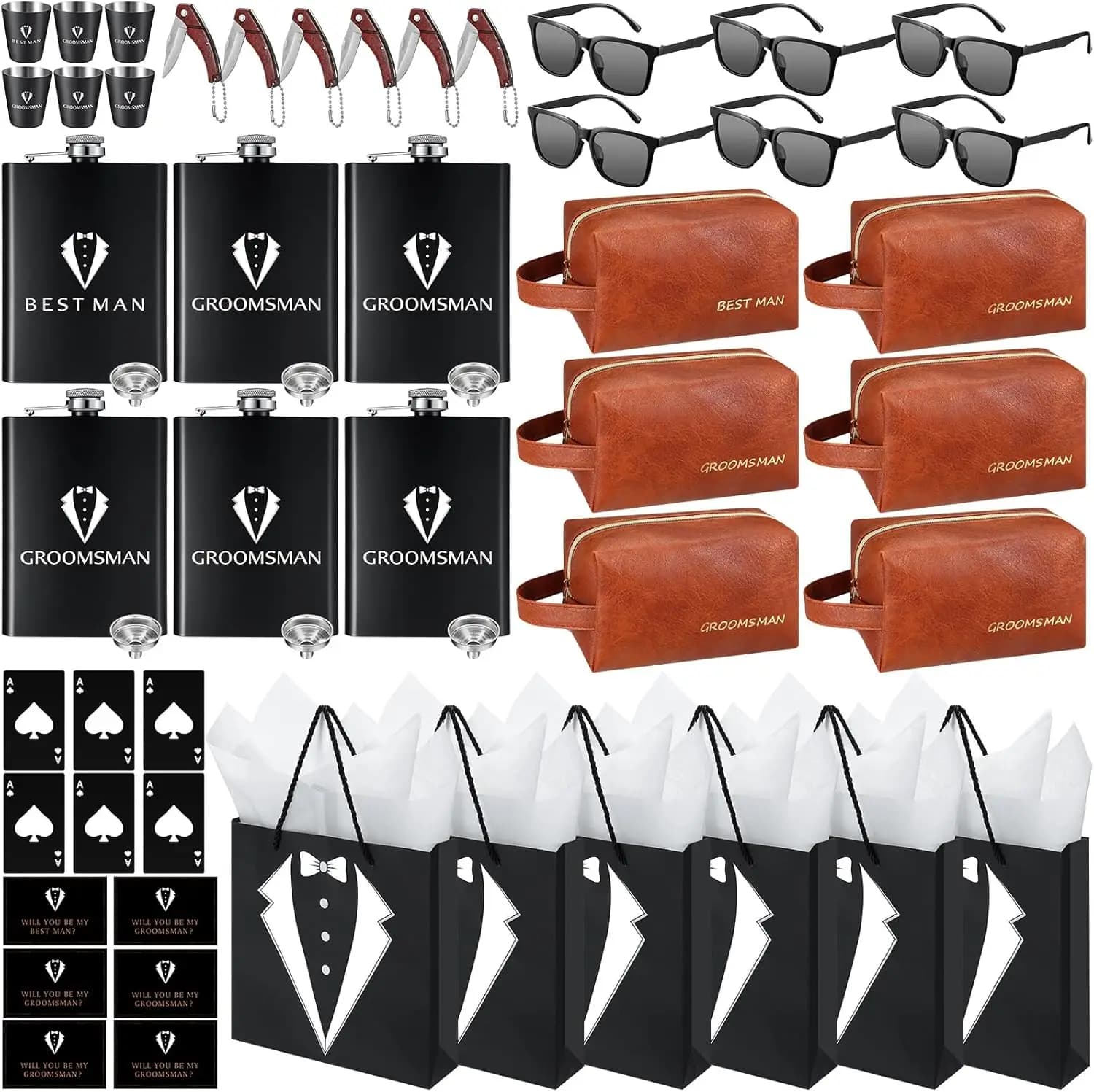 Set Regalo per Testimoni dello Sposo da 60 Pezzi, Scatola Proposta con Fiaschette, Occhiali da Sole, Borsa da Toilette in Pelle PU, Apribottiglie per Matrimonio