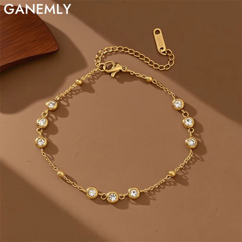 GANEMLY Bracciale con zirconi scintillanti rotondi in acciaio inossidabile 316L per le donne Moda catena da polso fine Gioielli impermeabili Regalo da donna