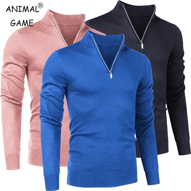Men's turtleneck autumn streetwear pullover long sleeves hot sweater Solid color half zip top black breathable jacket