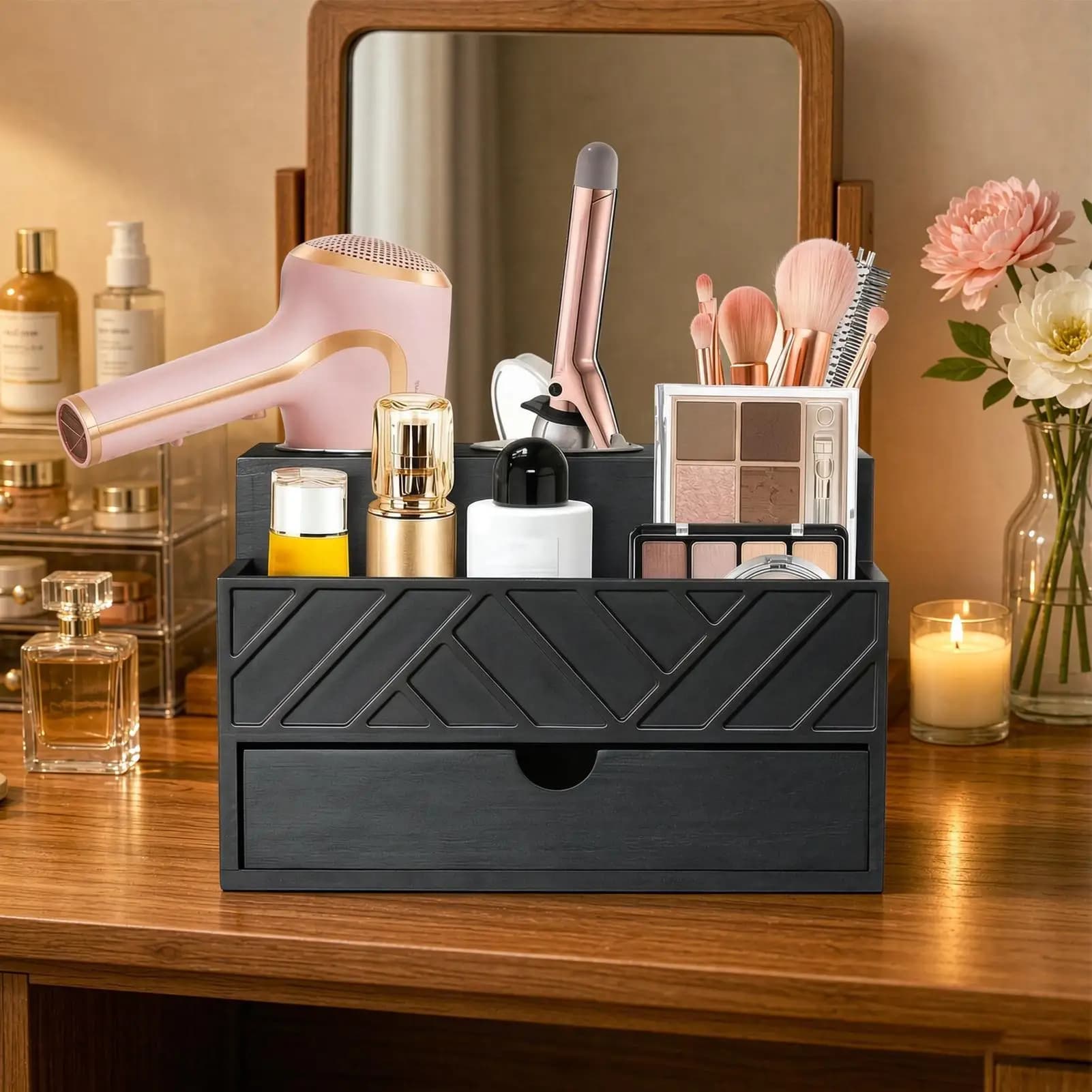 Hair Dryer Stand Wooden Space Saving Modern Bathroom Storage Hair Dryer Organizer Coffee Pod Holder For Brush Straightener