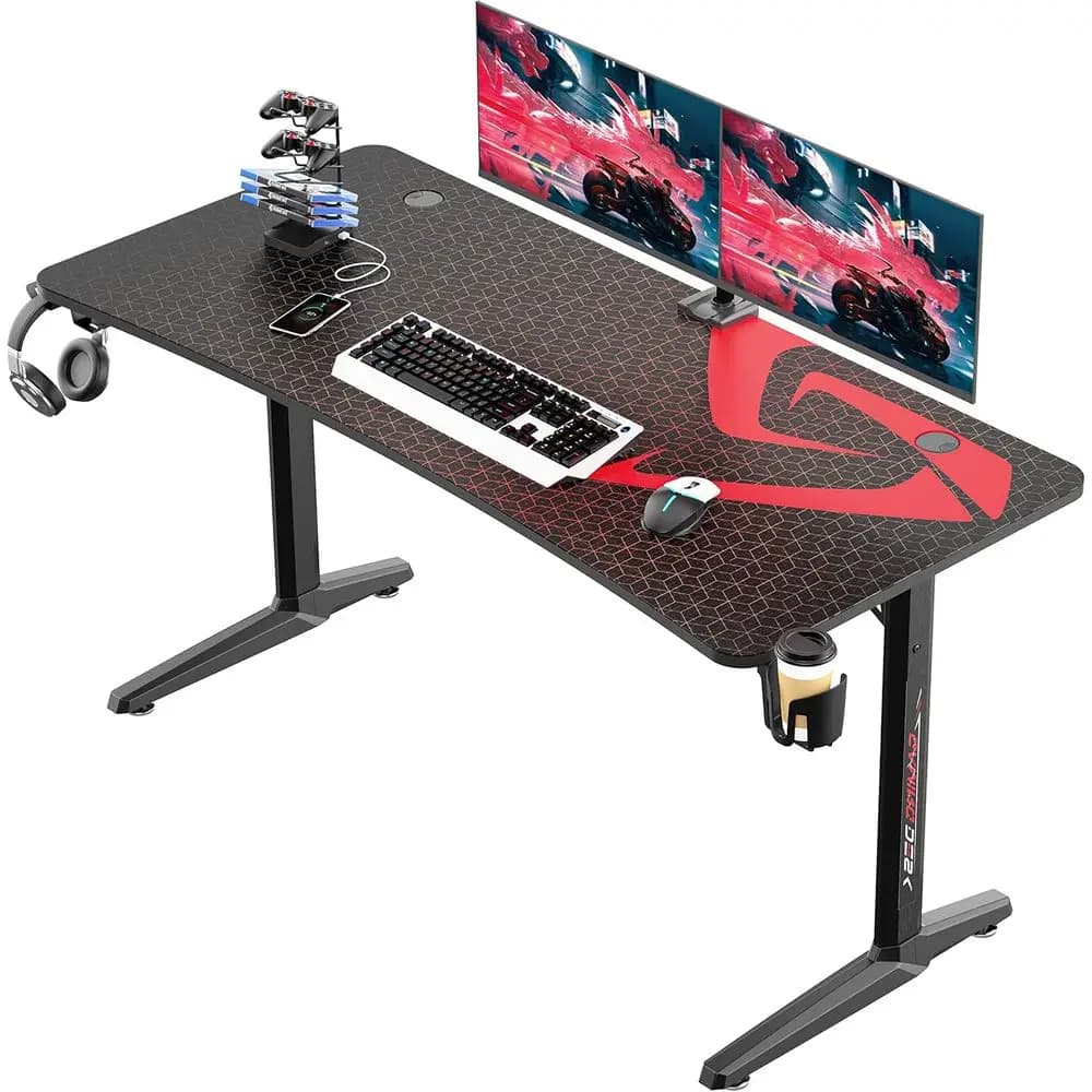60 Scrivania da gioco in fibra di carbonio con tappetino per mouse, portabicchieri e rack USB per la configurazione del triplo monitor
