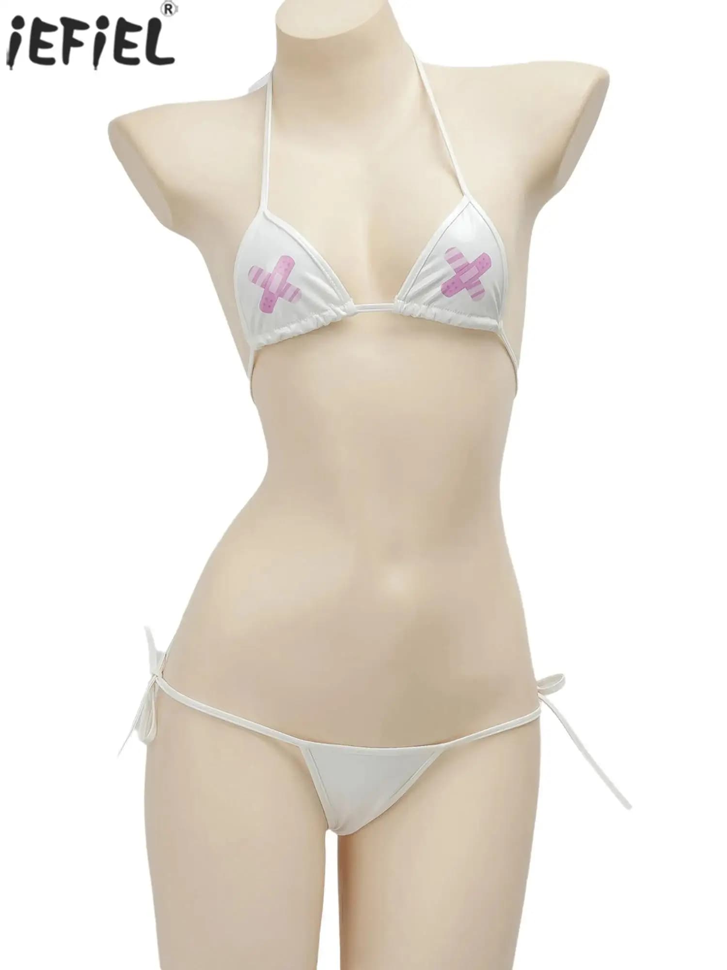Costume da bagno bikini da donna in pelle PU, reggiseno a triangolo con slip perizoma a vita bassa con cravatta laterale per biancheria da notte, piscina, costumi da bagno