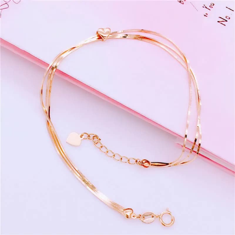 585 Purple Gold Heart Bracelet For Women Plated 14K Rose Gold Simple Soft Chain Sweet Romantic Engagement Jewelry Gift