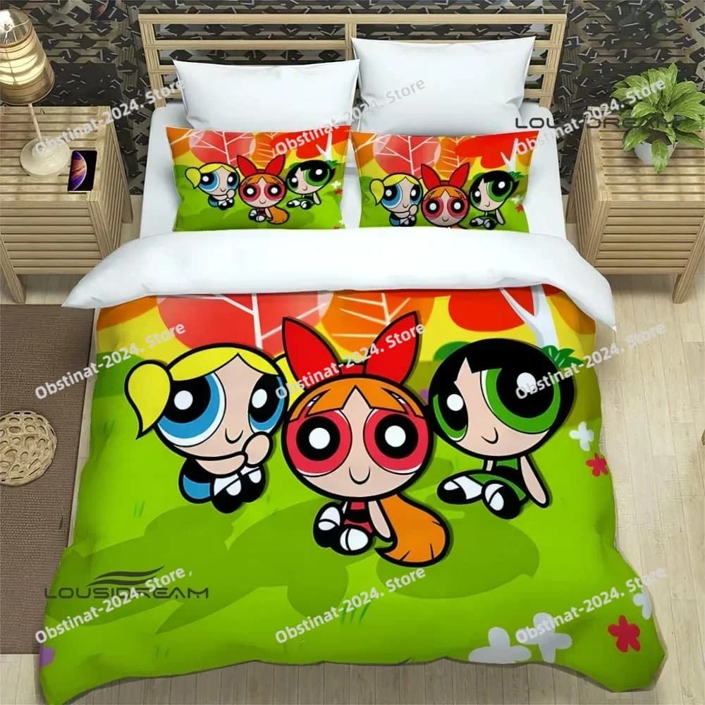 3D P-Powerpuff-Girls Cartoon Set biancheria da letto Set letto stampato Copripiumino Lenzuolo Federa Letto Copripiumino morbido Full Queen King Size