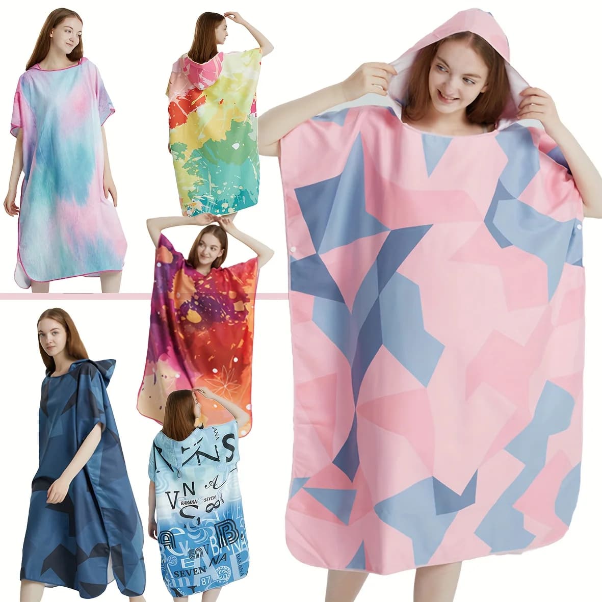 Fast Drying Poncho for Surf, Beach Bathrobe with Polyester Hood, Swimming Poncho with Colorful Smoke, Adult Beach Bathrobe