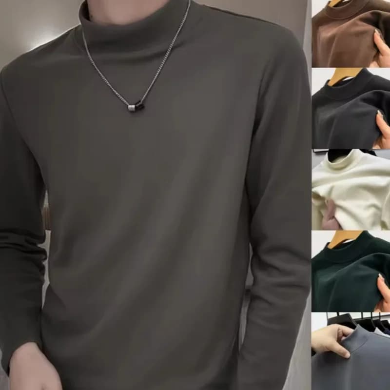 Maglietta Basic da Uomo alla Moda, Slim Fit, Collo Alto, Pullover Maschile per Autunno e Primavera, Top Sottile, T-shirt Basic Tinta Unita