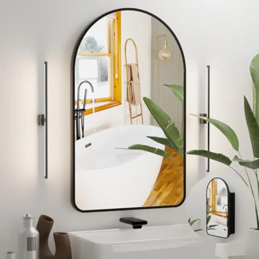 Bathroom medicine cabinet with arched mirror, aluminum frame, white finish, no-assembly design for recessed or surface mounting