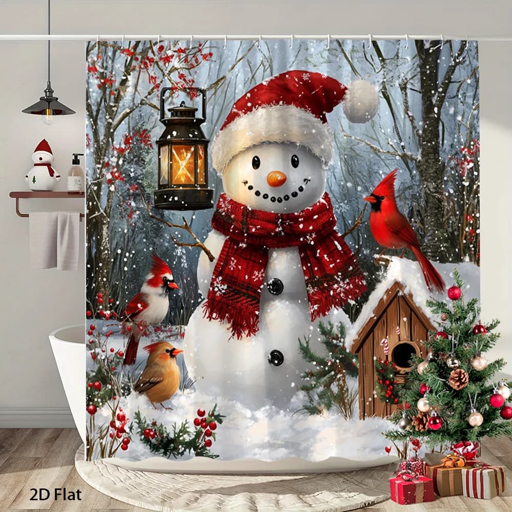 2D Flat, 2D Flat, 1pc a 2D Flat Shower Curtain Featuring a Christmas Design with a Snowman And Cardinals, Set in a Winter Scene