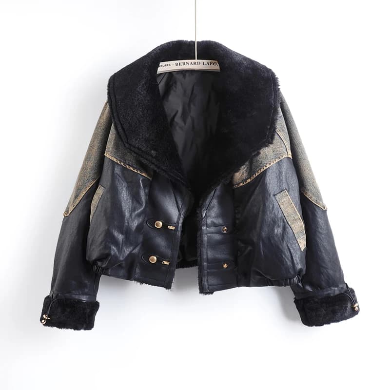 Winter New Fashion Faux Pu Leather Patchwork Denim Jacket Women Thick Warm Fur Collar Down Liner Loose Jeans Jacket Coat Female