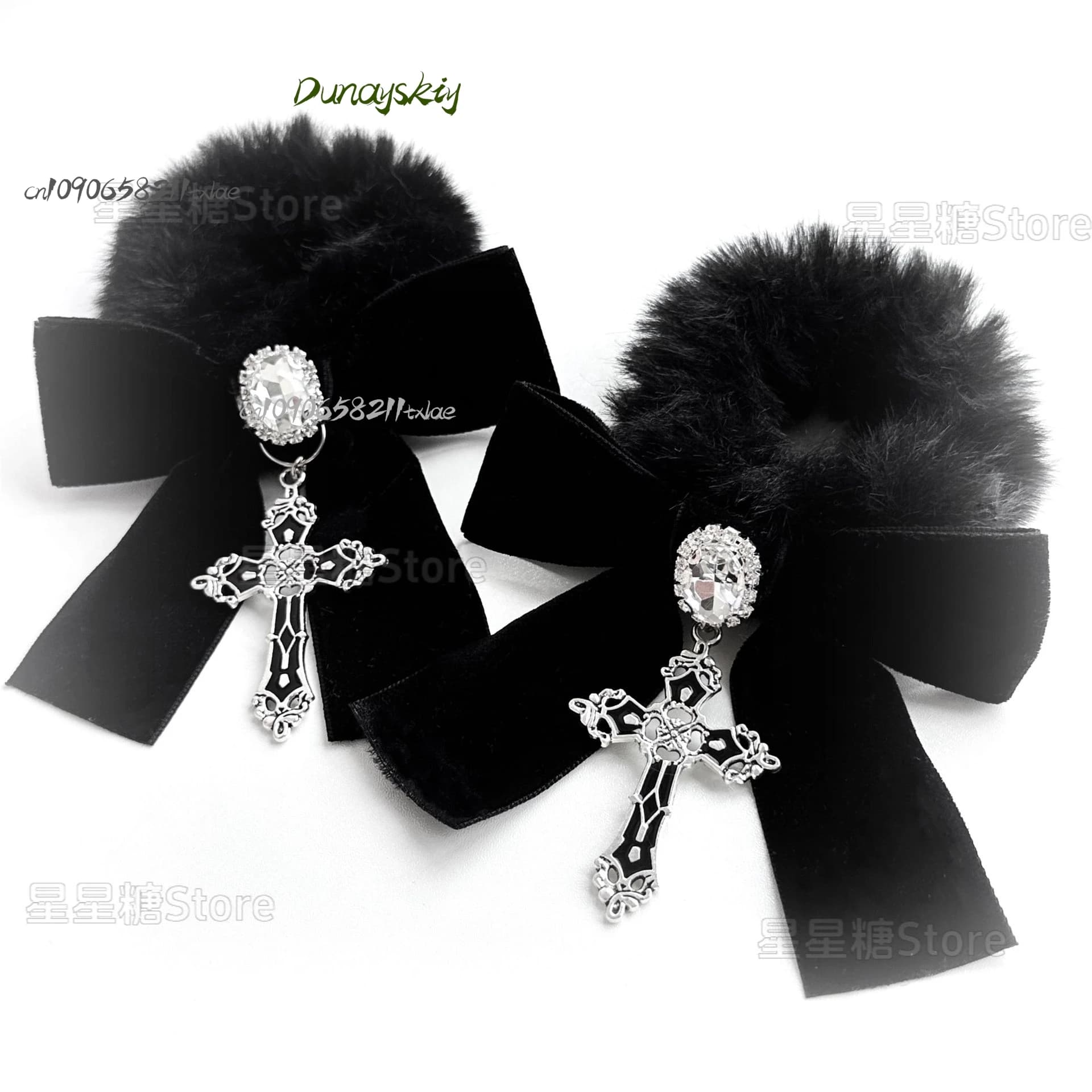 Originale giapponese Jirai Kei gotico Y2K stile scuro prodotto in serie peluche croce fiocco in velluto cravatta per capelli nero Halloween Cosplay