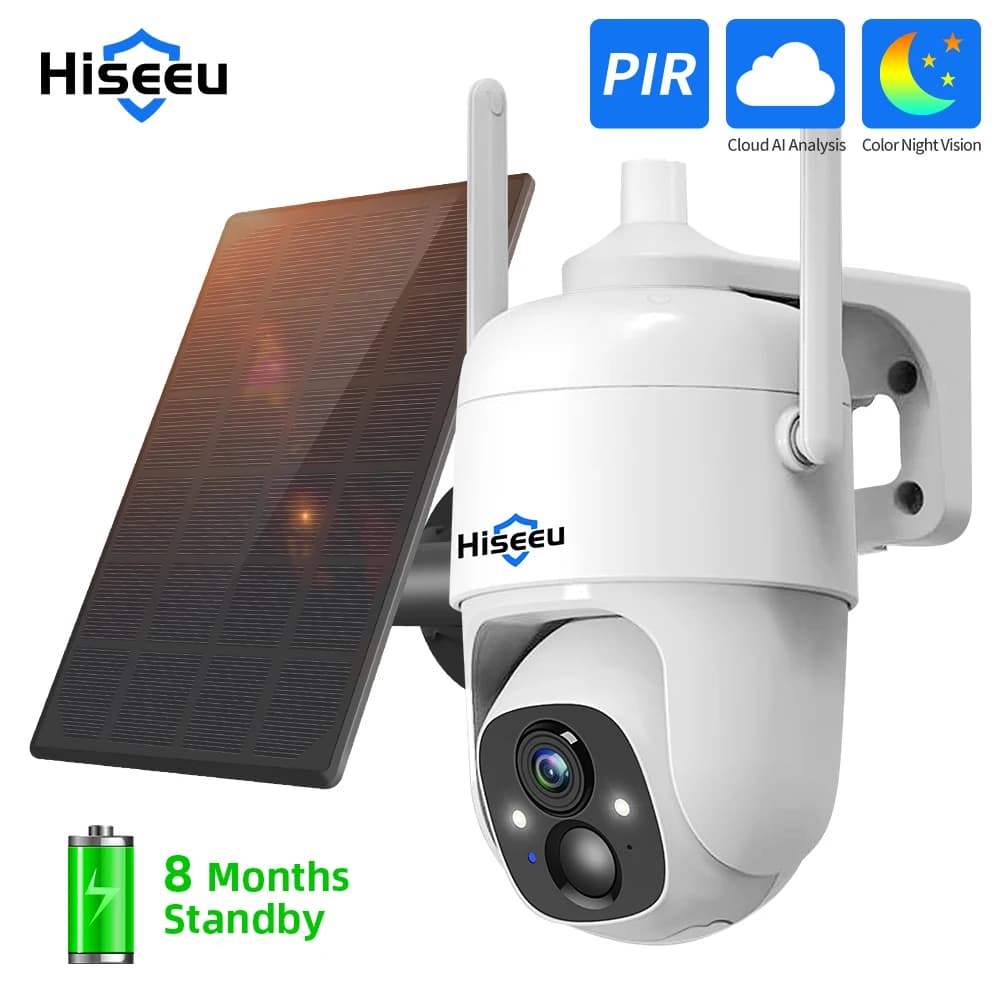 Hiseeu 3MP Cloud AI WiFi Security surveillance camera Rechargeable battery with solar panel Pan & Tilt Wireless