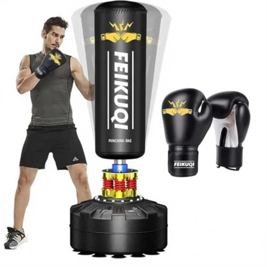 Sacco da boxe autoportante per palestra domestica e ufficio, in similpelle PVC nera, altezza 70 pollici, peso 205 libbre, base stabile con sabbia.