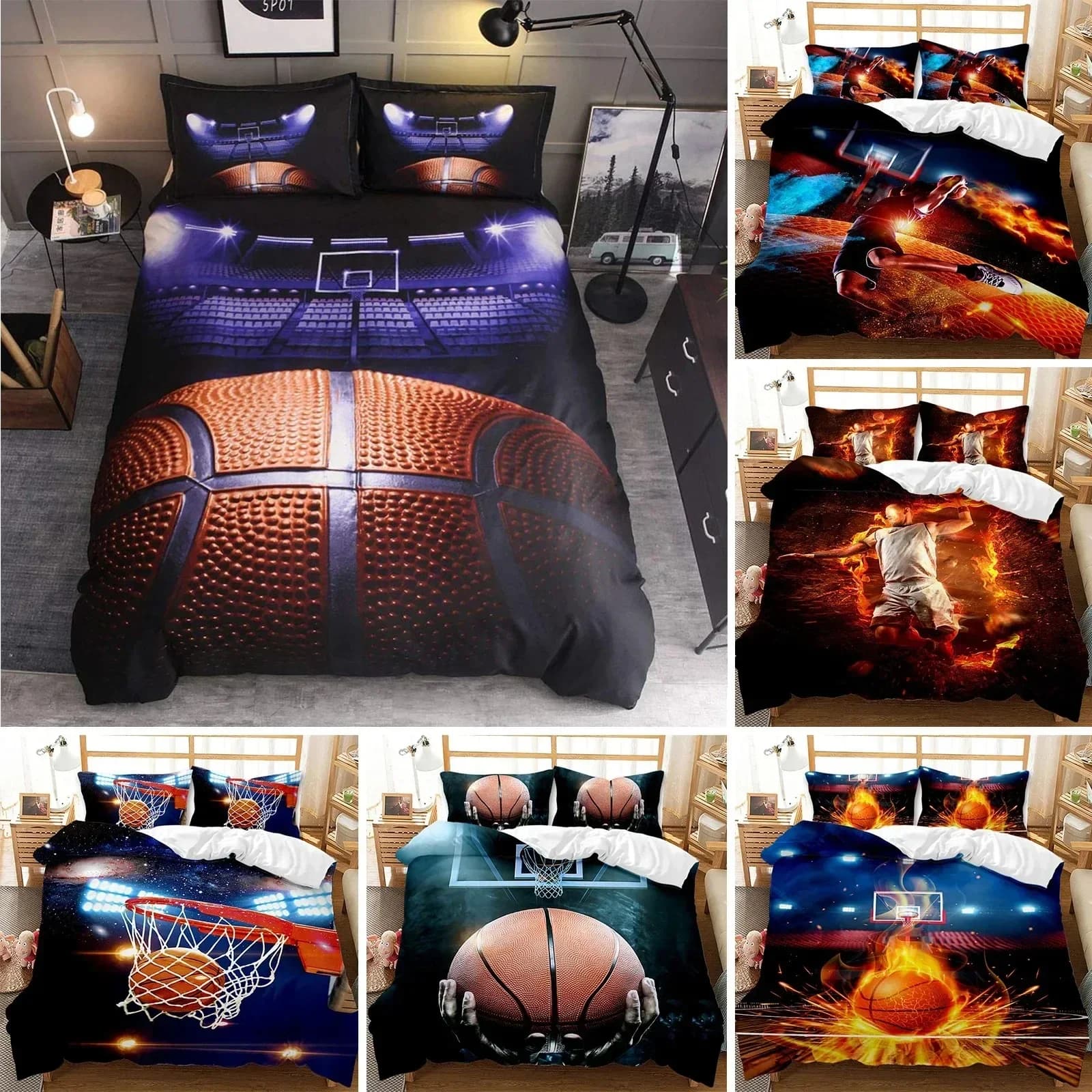 Set Copripiumino Basket Tema Sportivo per Letto Matrimoniale e Singolo, Set Biancheria da Letto per Ragazzi e Adolescenti, Copripiumino in Poliestere per Camera da Letto a Tema Basket