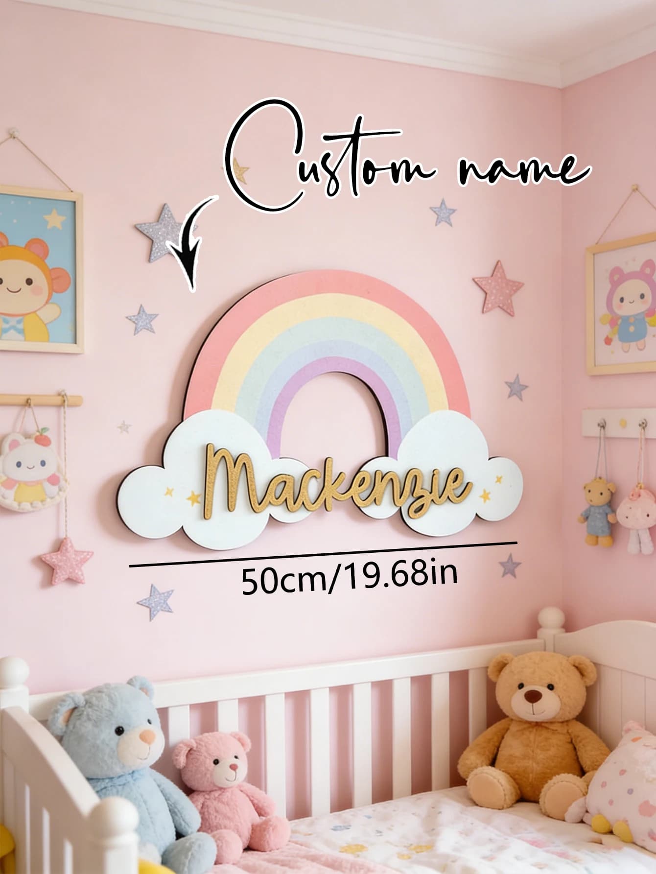 Custom Pastel Rainbow Cloud Wooden Name Sign Personalized Gold Script Name Plaque Girls Boho Nursery Wall Decor Newborn Shower