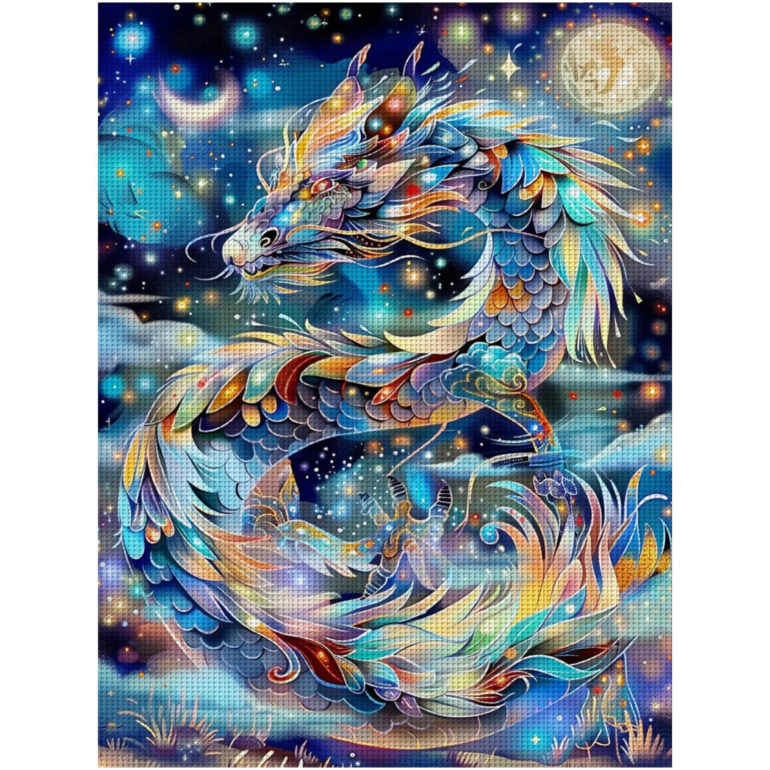 Kit Punto Croce Notte Stellata con Drago, Ricamo Fai da Te 11CT, Kit Punto Croce per Decorazione Murale e Regali, Materiali Fatti a Mano Senza Cornice (Prodotto Semi-Finito) 36X46Cm/14.17X18.11 Pollici