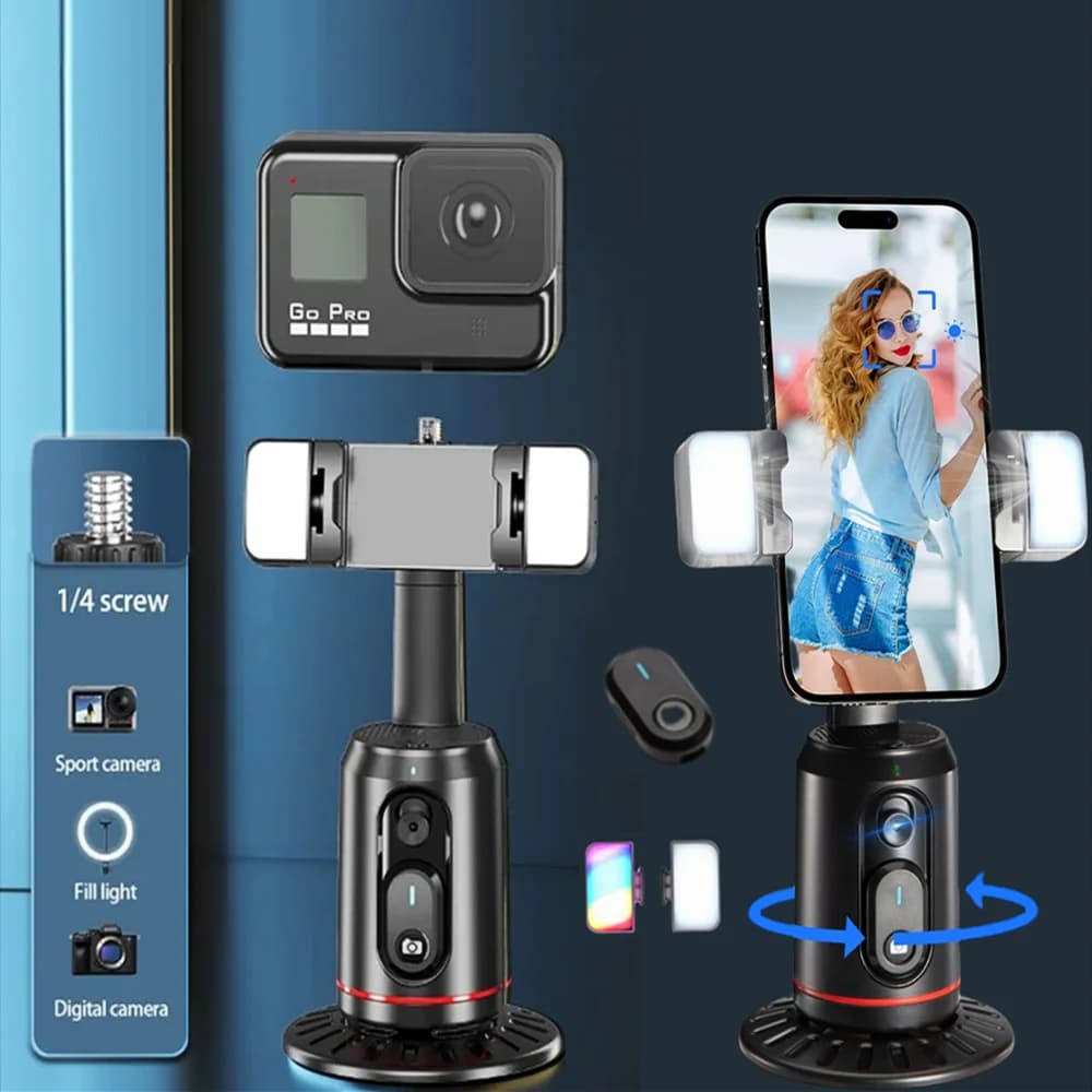 2025 360 ° Stabilizzatore cardanico di rotazione Selfie Stick Gimbal per tracciamento facciale da tavolo con otturatore remoto Bluetooth e supporto per luce