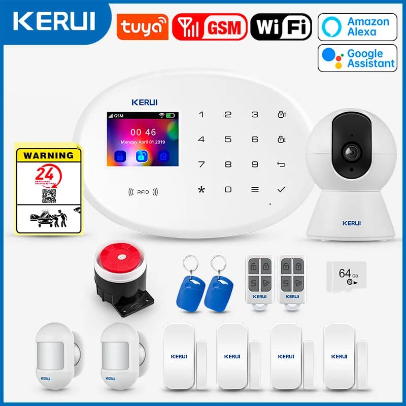 KERUI Sistema di Allarme Domestico WiFi, Allarme Sensore di Movimento PIR, Sensore per Finestra/Porta Protezione Antifurto Fai da Te, App Tuya Smart, Alexa W202