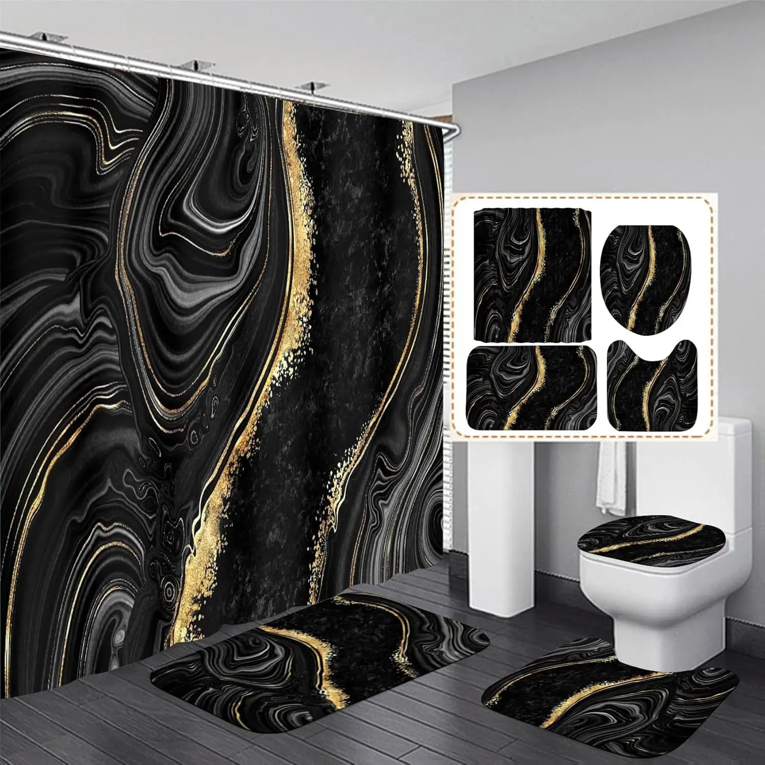 Set di 4 Pezzi Tenda Doccia in Marmo Nero con Tappeti Dorati, Accessori Moderni per Bagno con Decorazioni Astratte per Copriwater