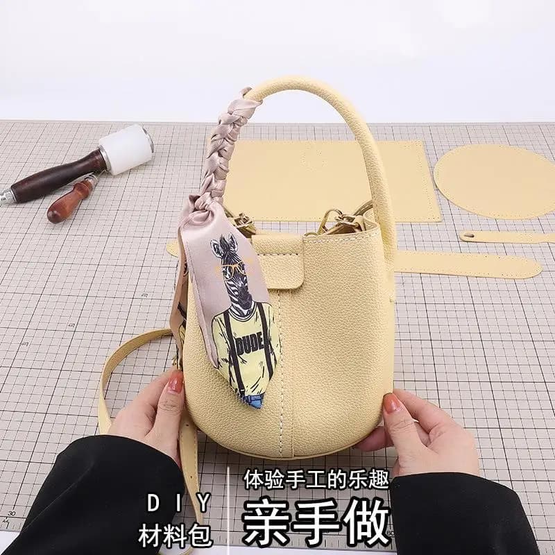 DIY Knitted Bag - PU Leather Silk Scarf Bucket Messenger Bag - Beginner Set Homemade Commuting Handmade Womens Bag Handbag