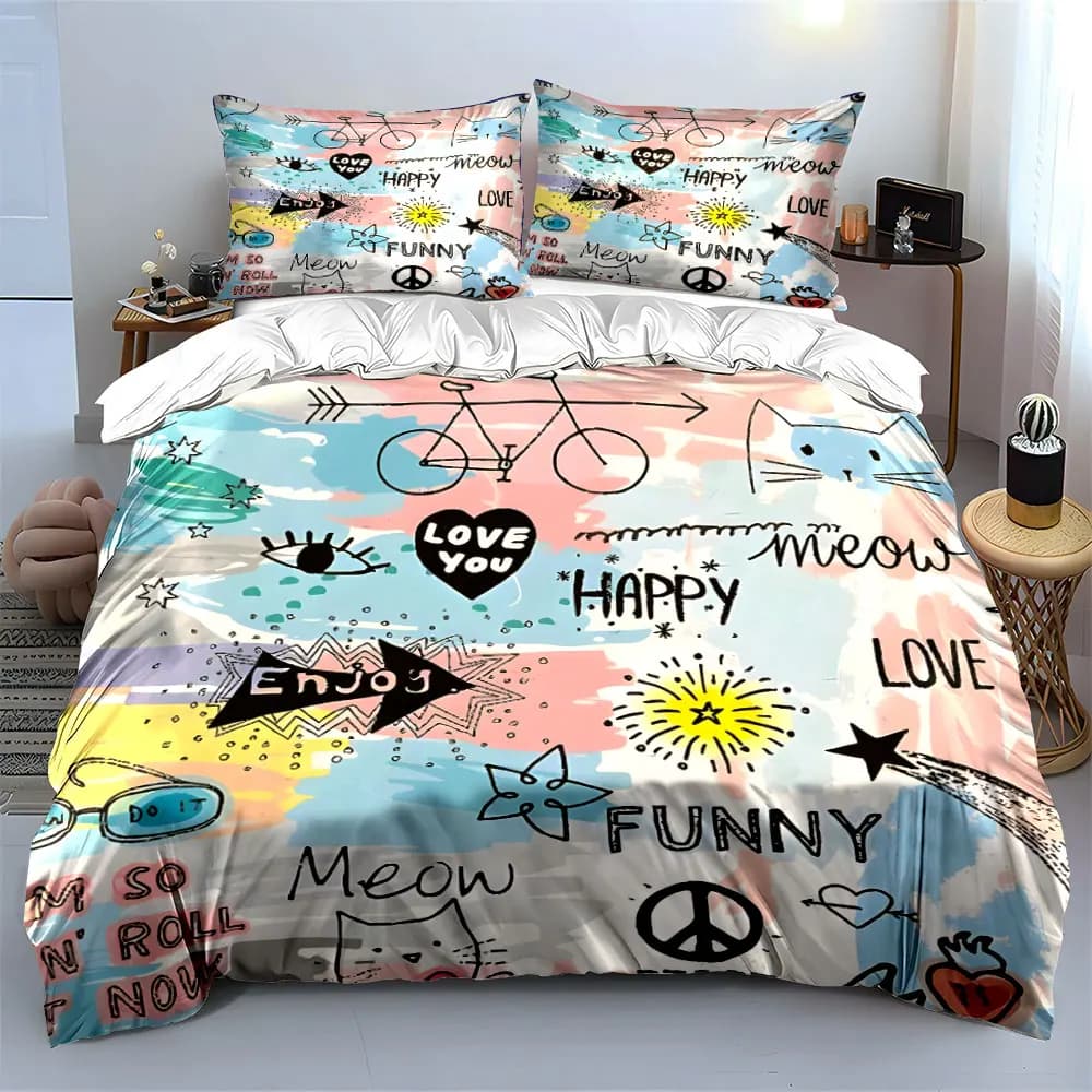 Set di Biancheria da Letto con Stampa Cartoon Doodle, Include 1 Copripiumino e 2 Federe, Disponibile in Misure Singola, Matrimoniale, King e Queen, Idea Regalo