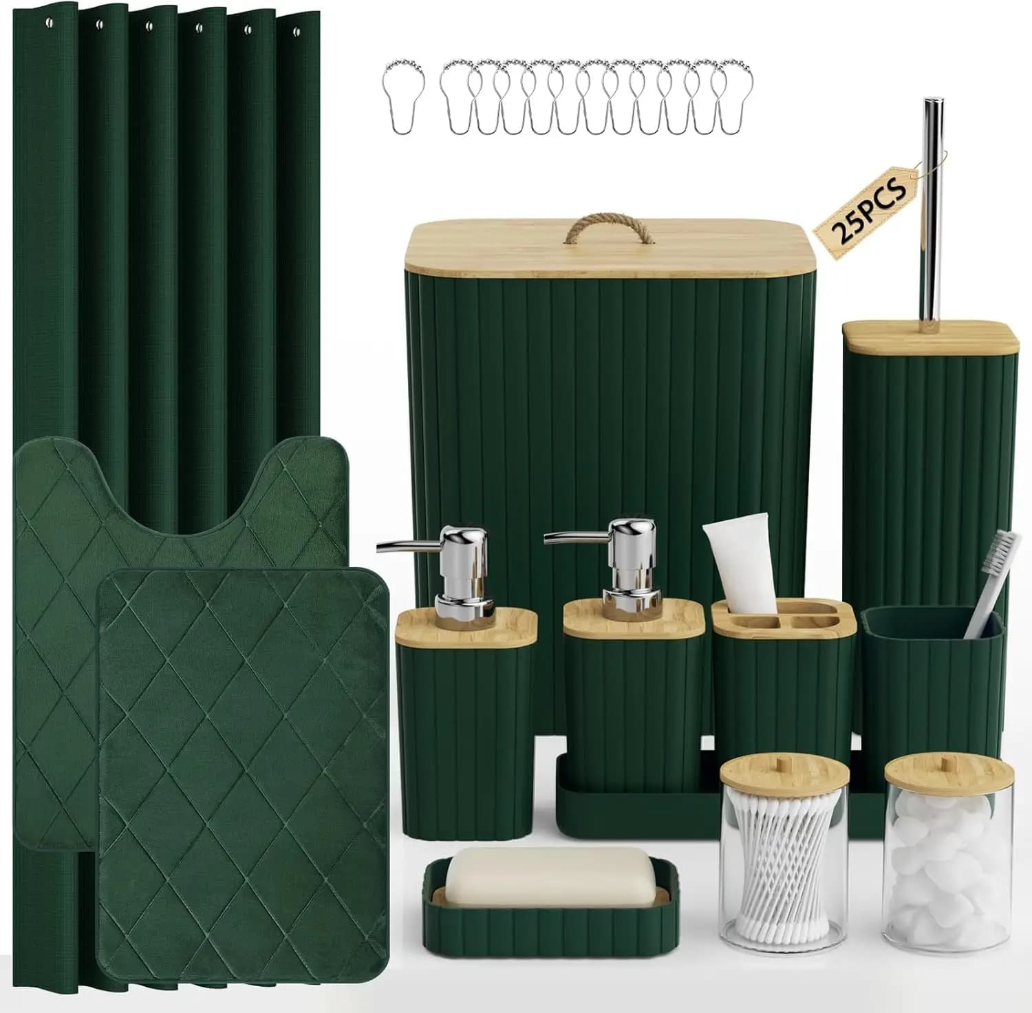 Set di 25 Accessori per Bagno Verde con Tenda Doccia e Tappetini