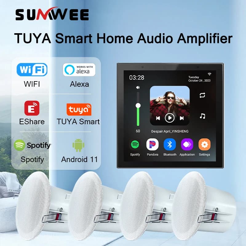 TUYA Smart Home 4 pollici Android 11 bluetooth audio in amplificatore da parete Alexa Controlli vocali Musica di sottofondo con altoparlanti da soffitto