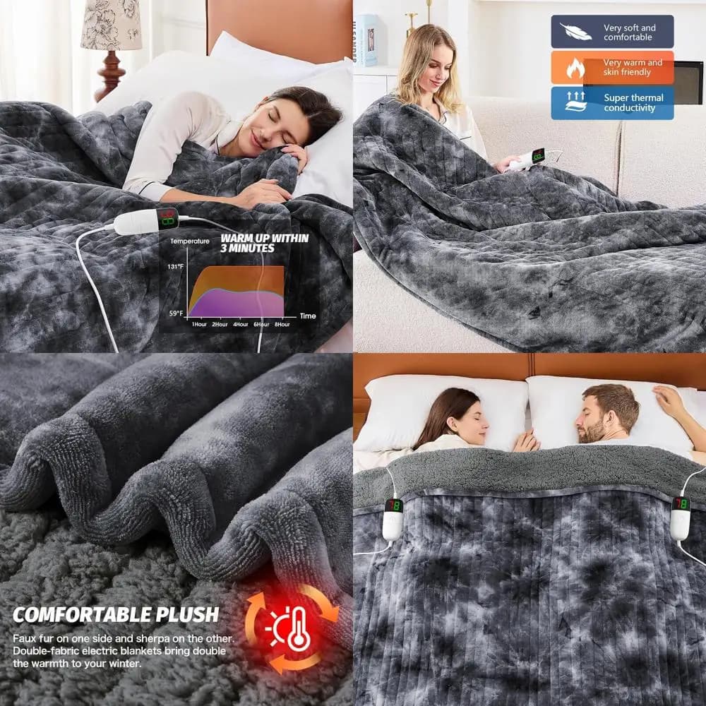 Coperta elettrica Sherpa in pelliccia sintetica con 5 timer e 10 impostazioni di calore, grigio marmo 84x90