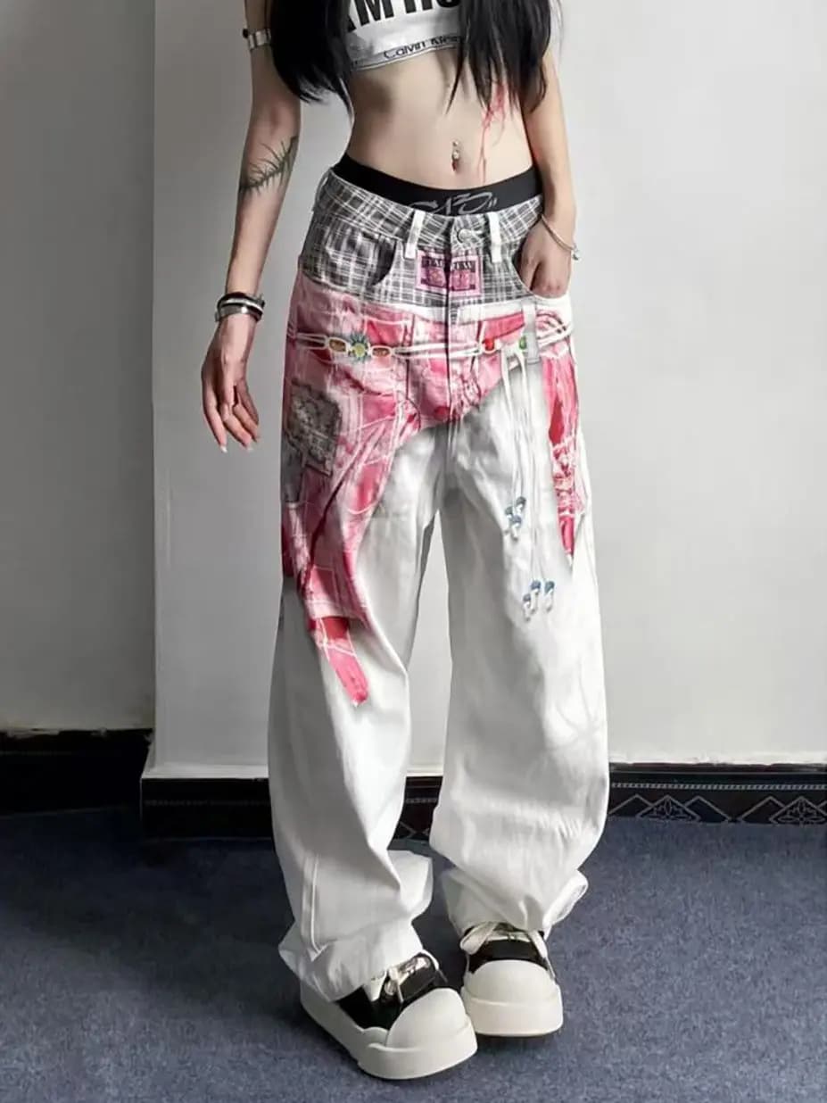 Jeans da donna con stampa bianca Cargo Baggy Y2K Harajuku giapponese High Street Estetica 2000S Style Pantaloni vintage Jeans Abbigliamento