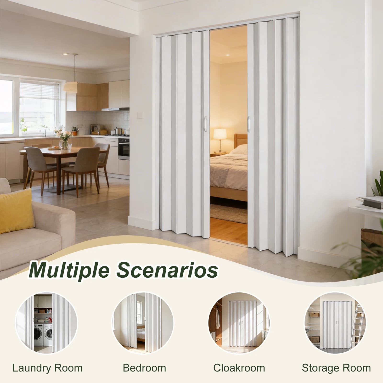 PVC Accordion Folding Door 60x80 Inch White Double Sliding Closet Door with Handle Track Hardware, Space Saving Foldable Partition for Bedroom Living Room Wardrobe Pantry Laundry Kitchen