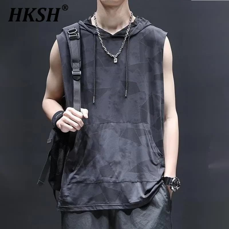 HKSH Estate Sottile Gilet di Seta del Ghiaccio Da Uomo Marea T-shirt Senza Maniche Ad Asciugatura Rapida Hip Hop Gilet Con Cappuccio Sport Canotta Tendenza Felpa Con Cappuccio HK6249