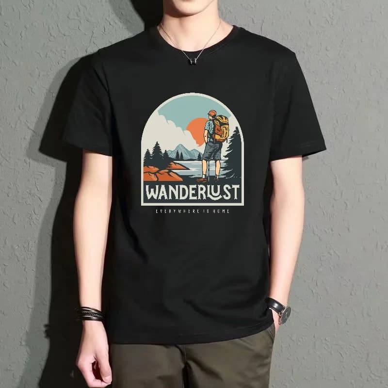 Men's Black Round-Neck Short-Sleeved T-Shirt with Outdoor Adventure Print Pattern, Casual Loose Fit, Breathable and Comfortable, Versatile Top for Daily Wear
