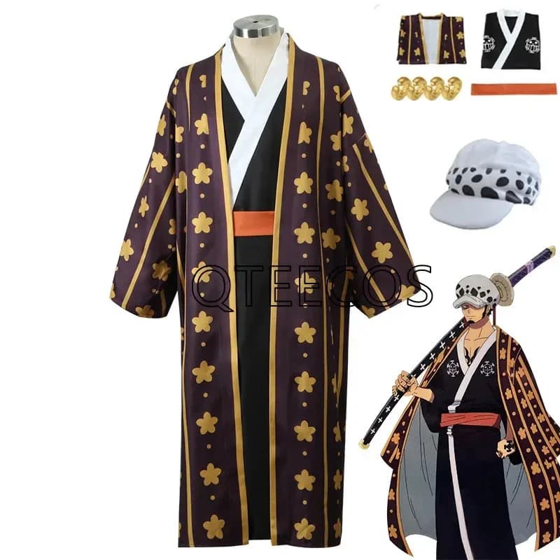 LQOne Anime Trafalgar Law Costume Cosplay Pezzo Accappatoio Kimono Abito Wano Paese Halloween Party Performance Wear Orecchini Cappello
