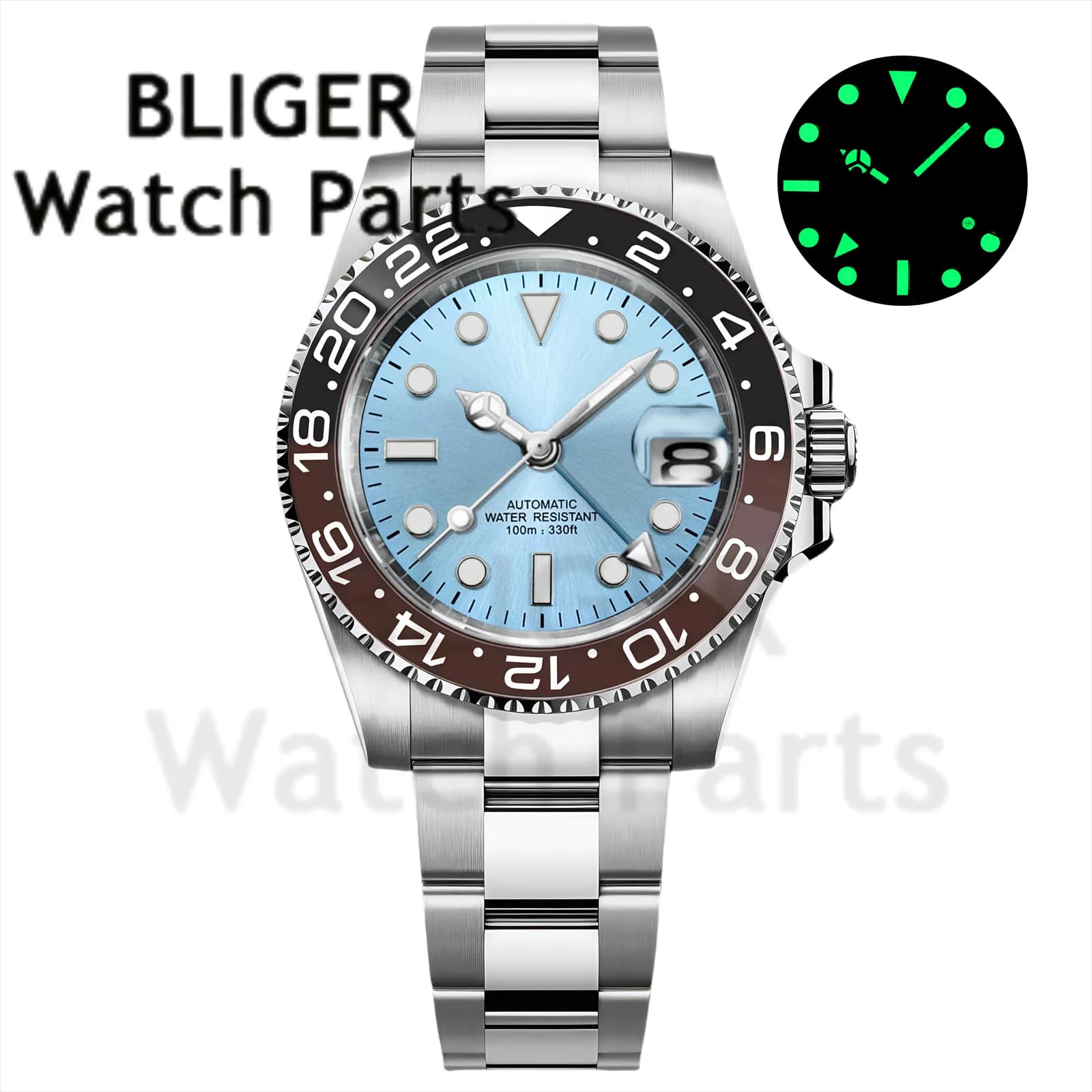 Customized GMT 40mm Mechanical Wrist Watch for Men, Movement NH34, Sapphire Glass, Stainless Steel Bracelet, Waterproof 100M, Automatic