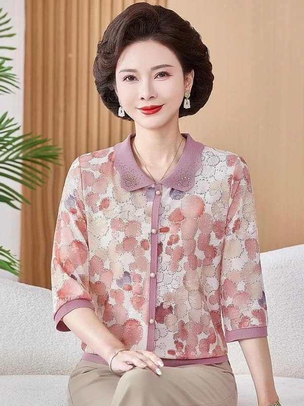 Ice Silk Elastic Printed Short Shirt Knitted Top T-Shirt for 50 Year Old Women Middle-Aged And Elderly Fashion Breathable