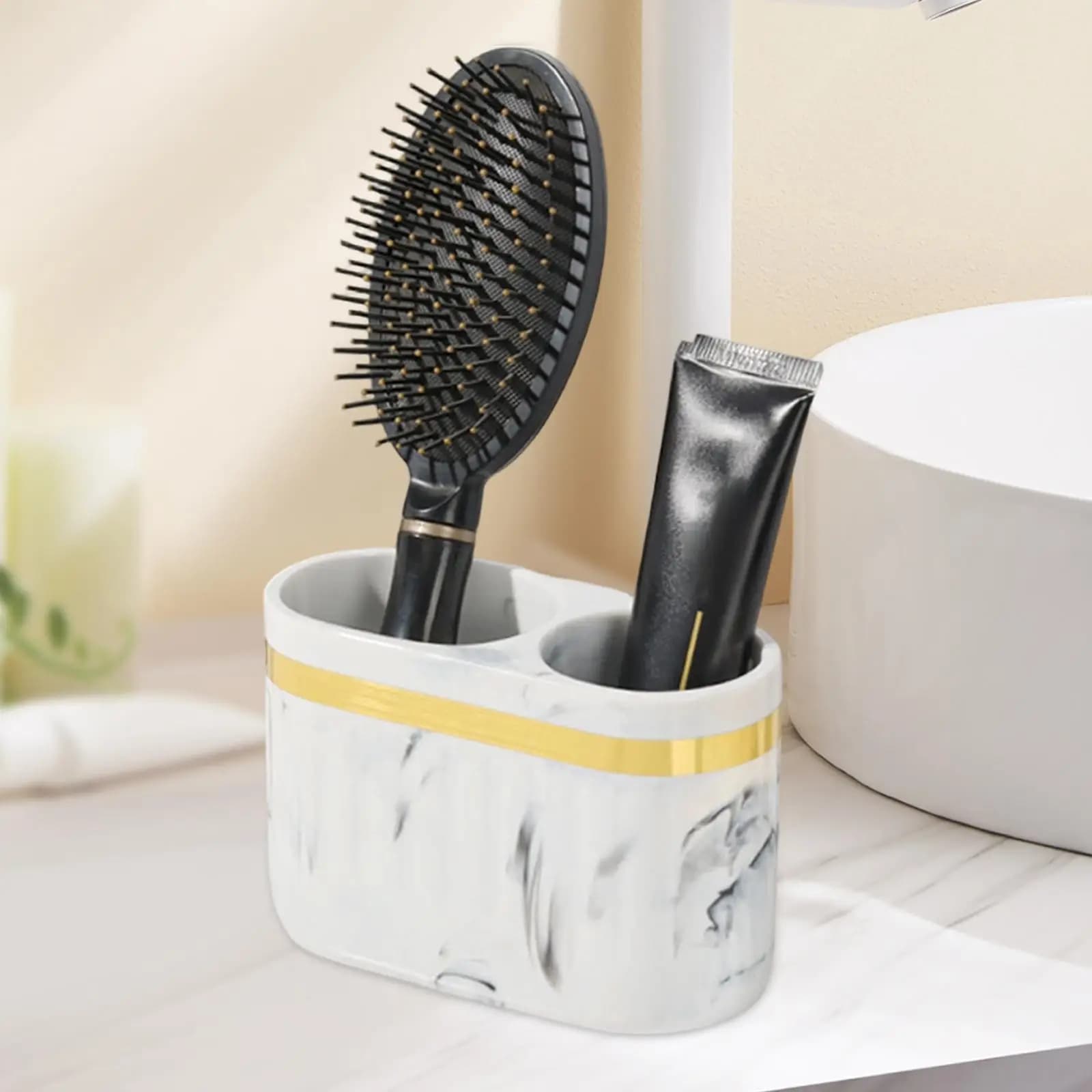 Portaspazzolini in Resina Effetto Marmo, Organizer a Doppio Scomparto per Accessori da Bagno