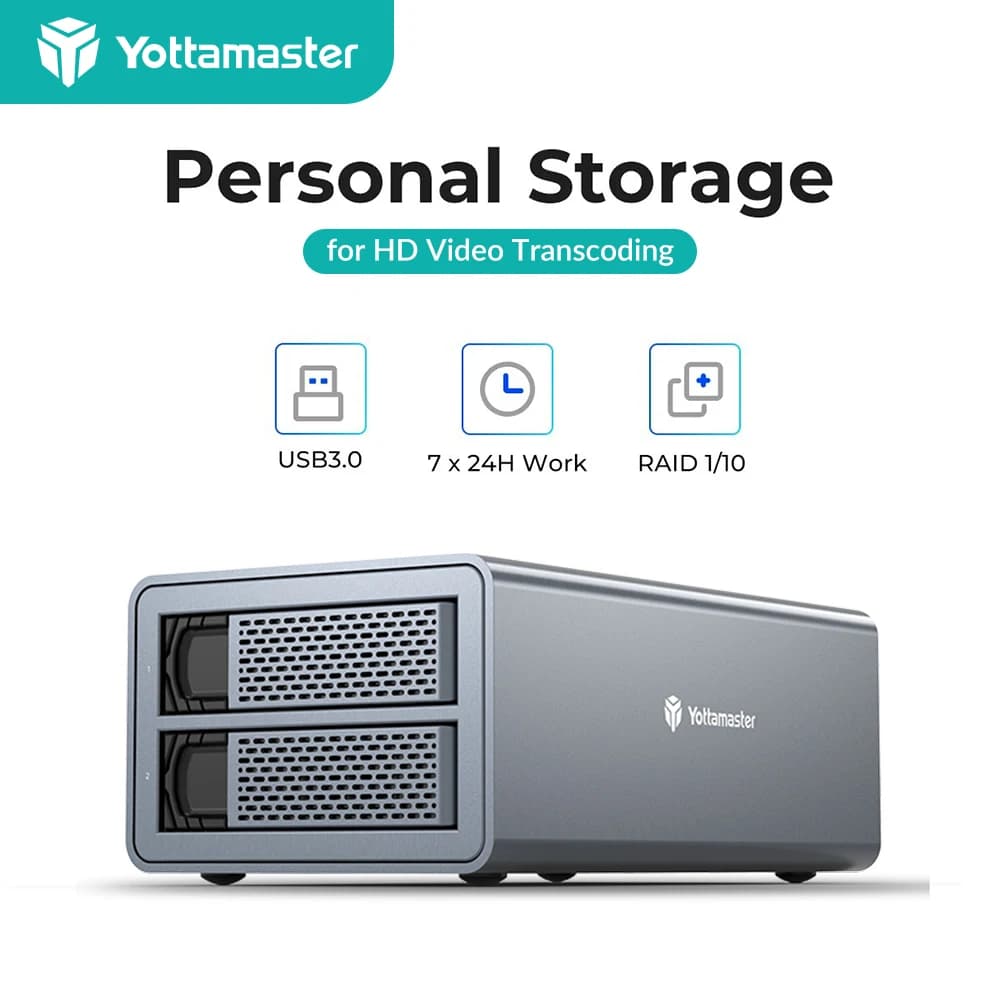 Custodia per disco rigido esterno Yottamaster 2 Bay RAID per SSD/HDD SATA da 2.5 pollici e 3.5 pollici USB3.0 supporto per custodia RAID 2*16TB