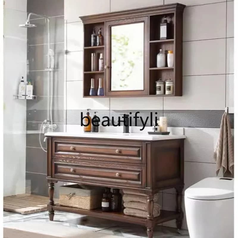 xz1Lavabo da bagno in ceramica americana con specchio, combinazione di lavabo da bagno in rovere, lavabo a mano
