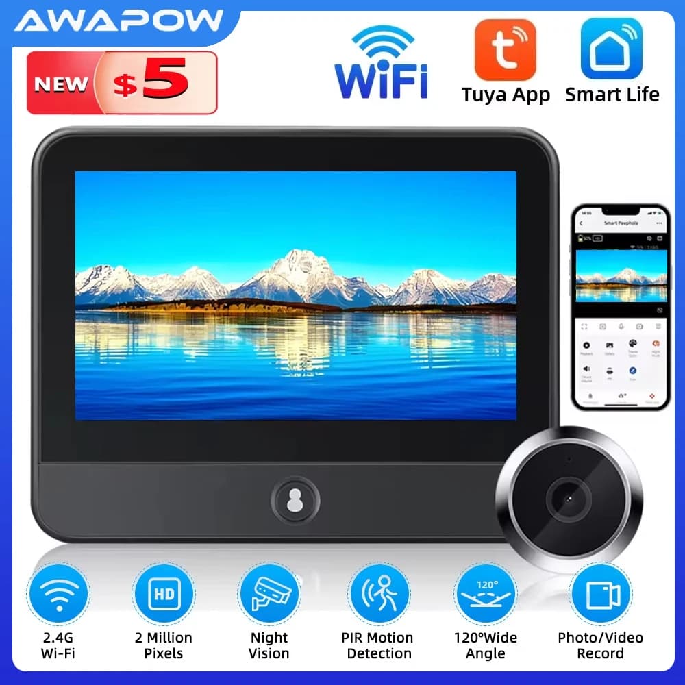 Awapow Tuya Radar wireless Campanello Wifi 1080P Porta Peepholes Telecamera PIR Rilevazione movimento Visione notturna Ricaricabile da 4,3 pollici