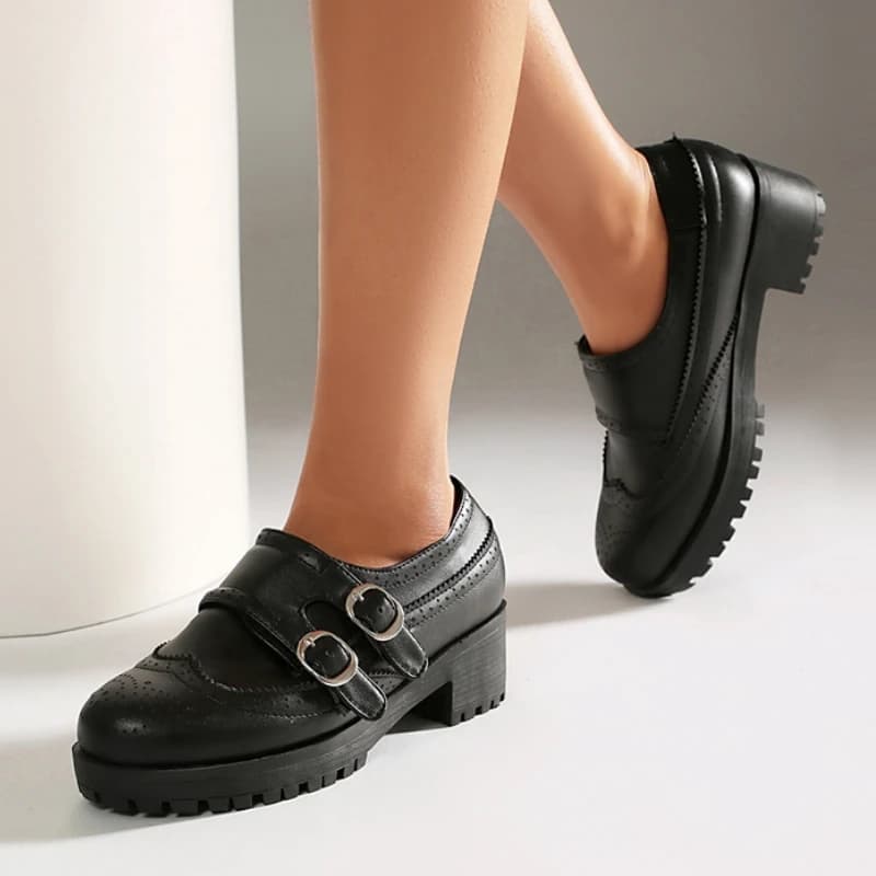 Scarpe da Donna con Tacco Basso a Blocco, Mocassini con Plateau Neri, Stile Gotico Punk con Fibbia, Scarpe da Passeggio Lolita Taglie Grandi