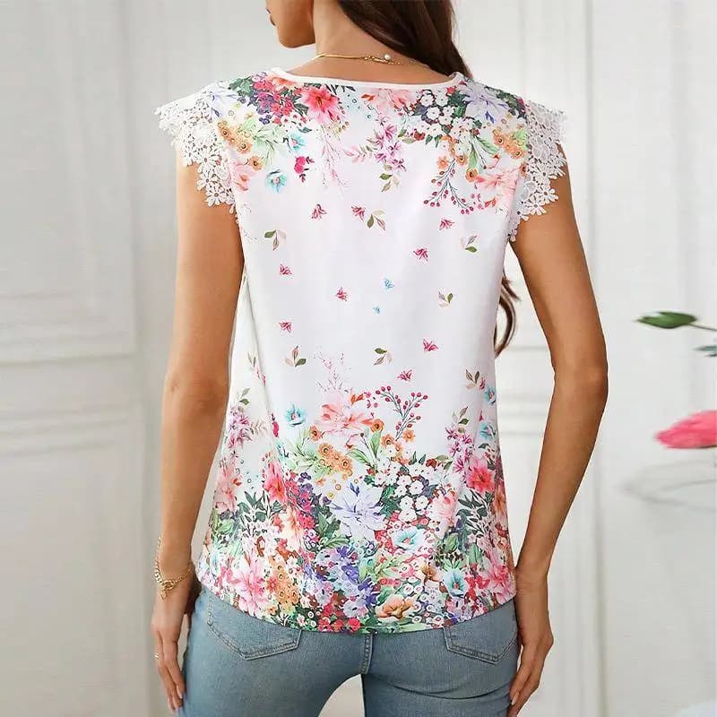 Summer 2025 Elegant Style Women's Blouse V-Neck Lace Trim Printed Shirt Beach Vacation Theme Polyester Fiber Non-Stretchable