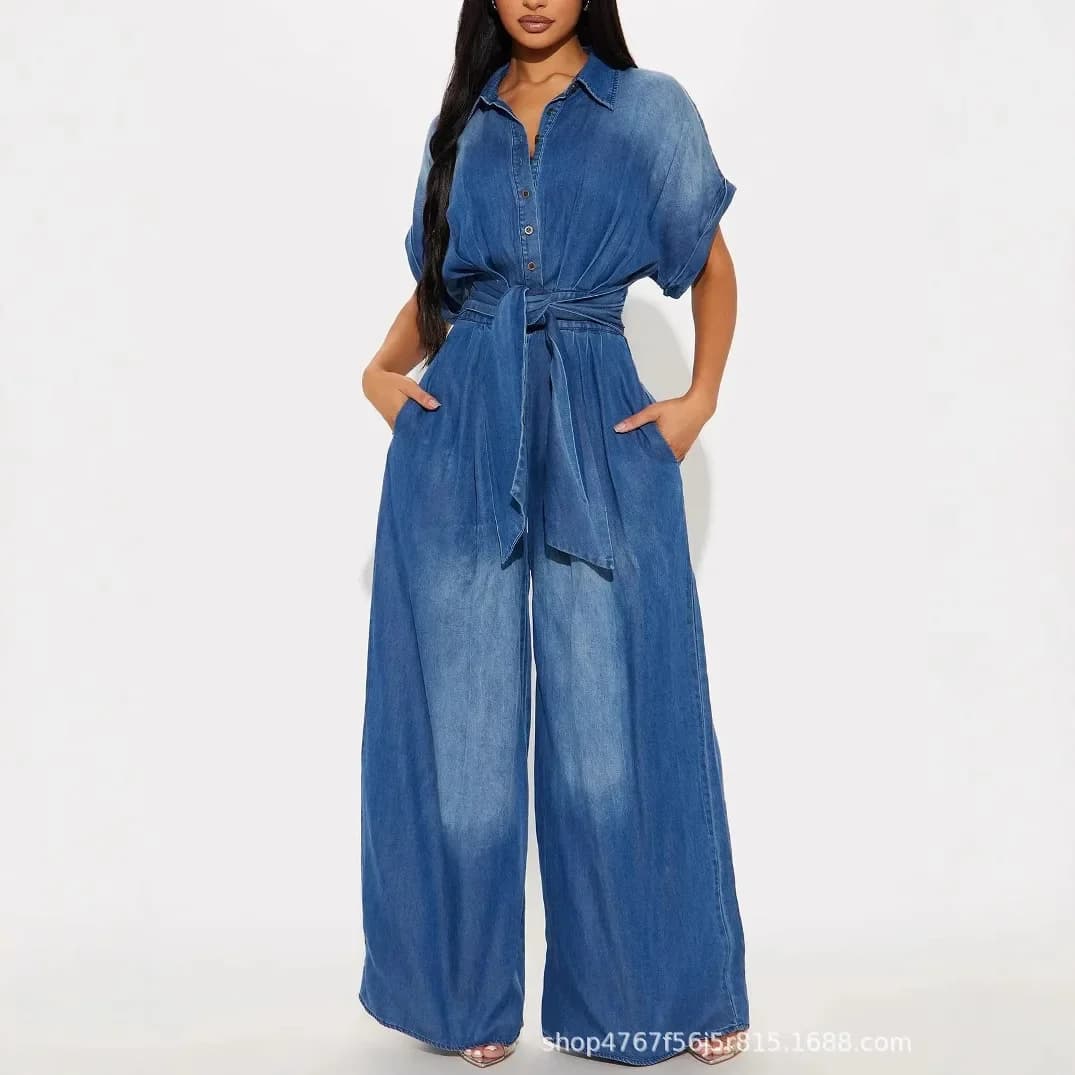 Women's denim suits, vintage salopettes with pockets and laces, casual, wide leg, jeans, straight pants, streetwear 2026