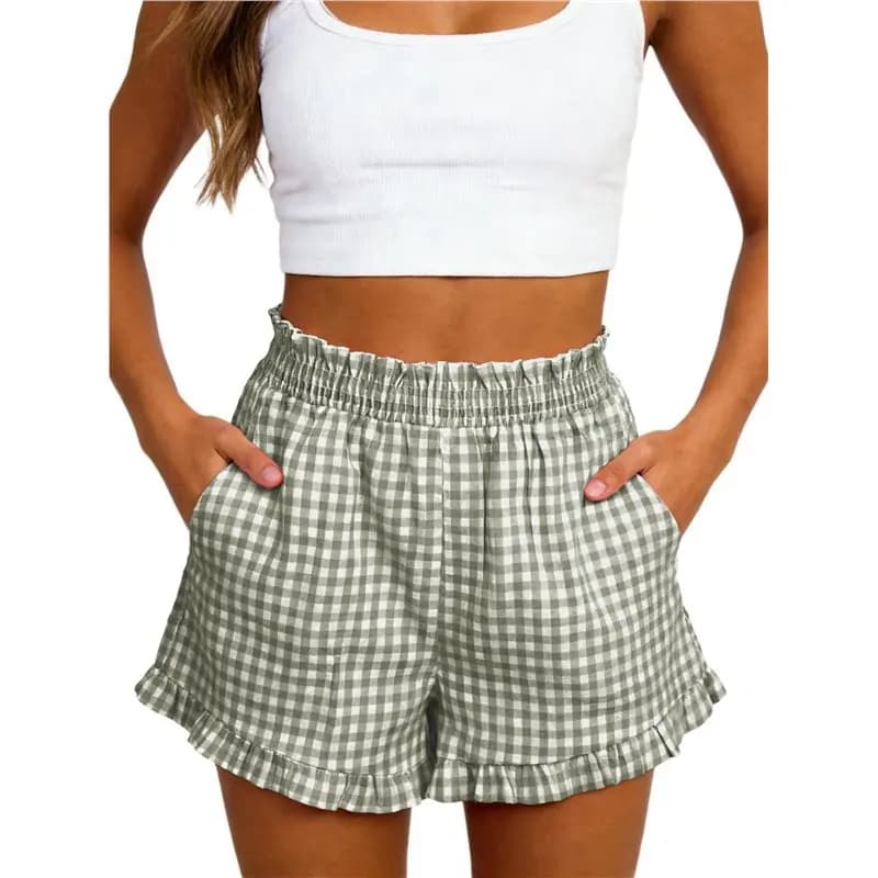 CYL-Women's Ruffle Boxer Shorts Gingham Pajama Shorts With Pockets Summer Causal Lounge Outfit Green S