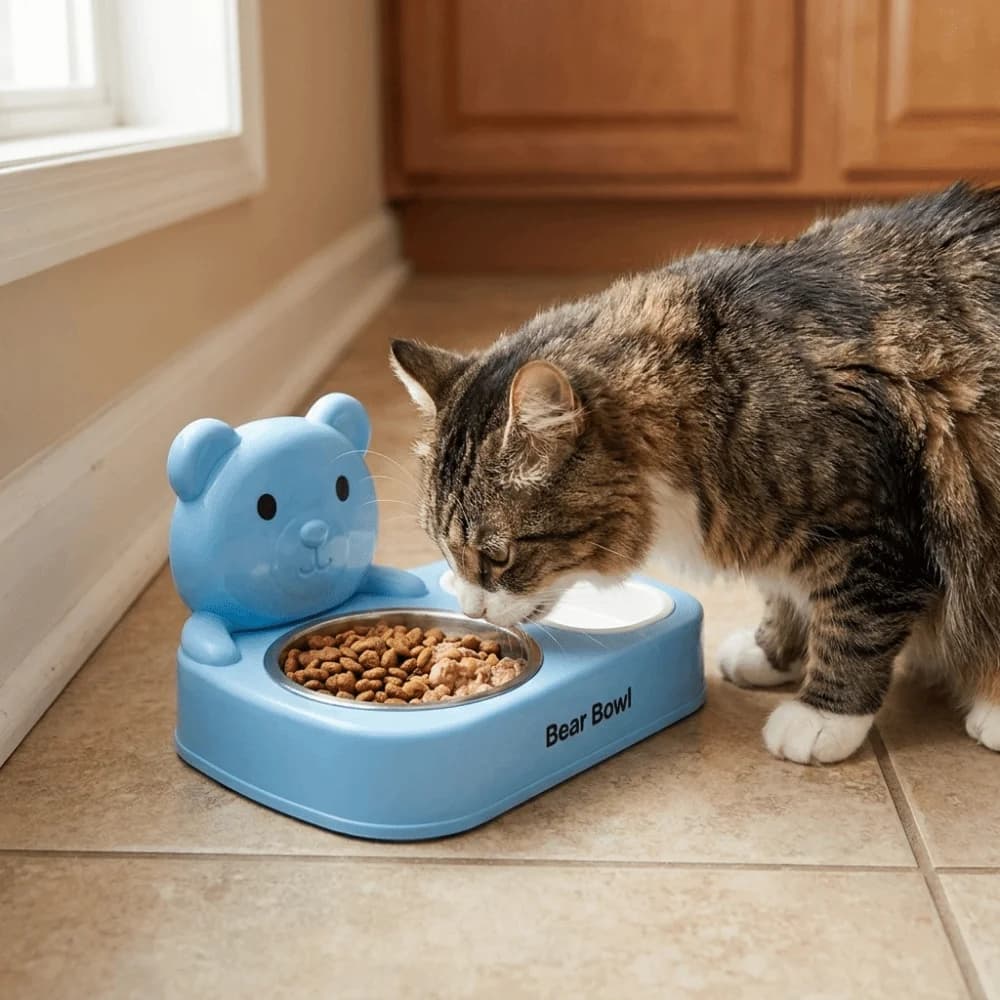 Cartoon Cat Food Water Bowl Non-Slip Base Double Bowls Stainless Steel Cat Bowl Detachable Pet Food Dispenser Puppy Feeding