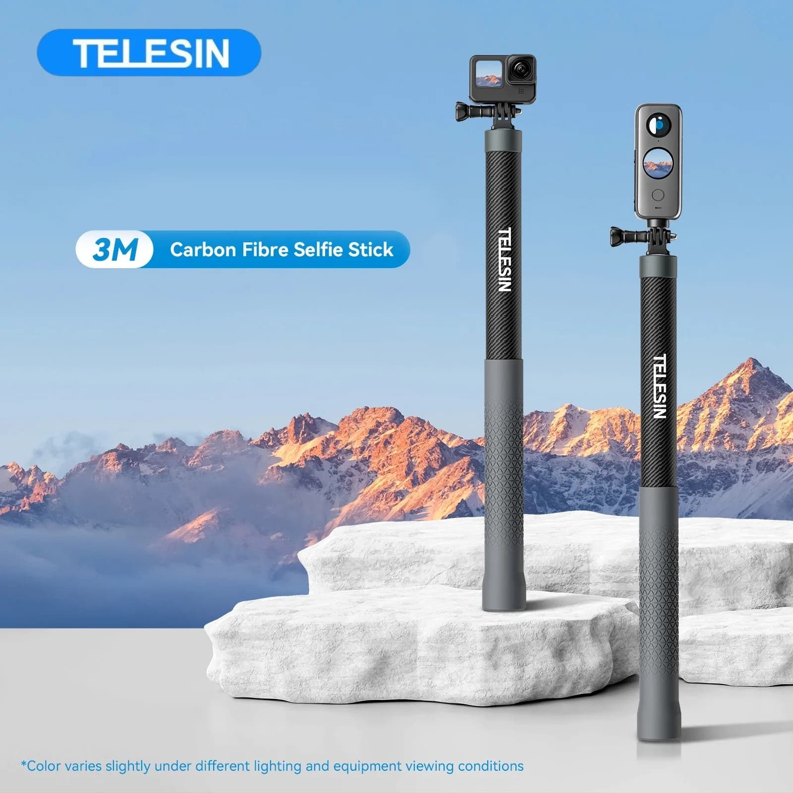 Telesin 3M 1.2M Invisible Carbon Fiber Selfie Stick for Hero 13 12 11 10 9 DJI Action5 4 3 Insta360 X5 X4 Motorcycle Accessories
