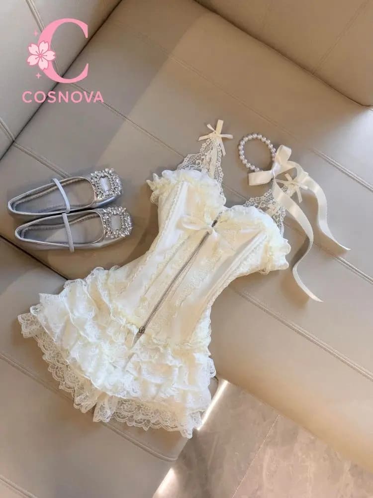 Set Sexy con Top Bustier in Pizzo e Minigonna a Vita Alta, Corsetto Cami Invernale con Tulle Arricciato, Stile Lolita Due Pezzi