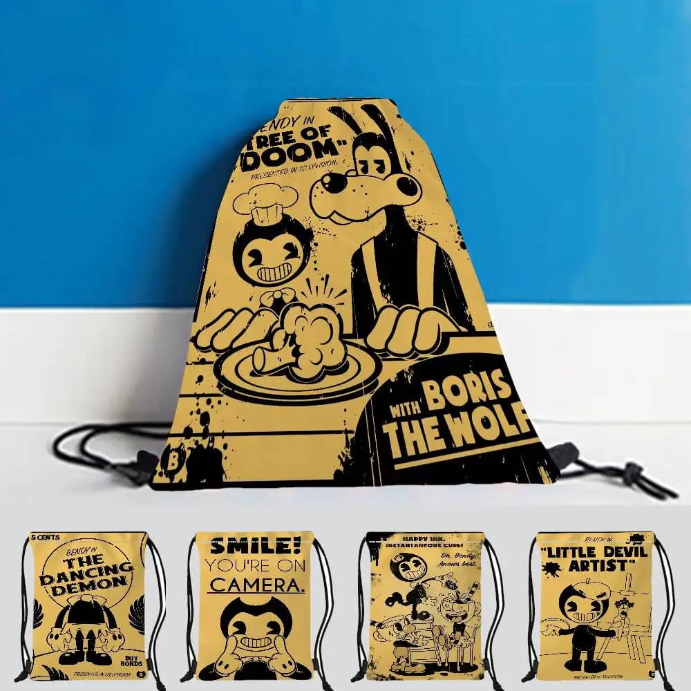 B-Bendy A-And The L-Ink M-Machine Bambino stampato con coulisse per borsa della spesa Uomo Donna Calcio Sport Palestra Deposito Zaino Yoga