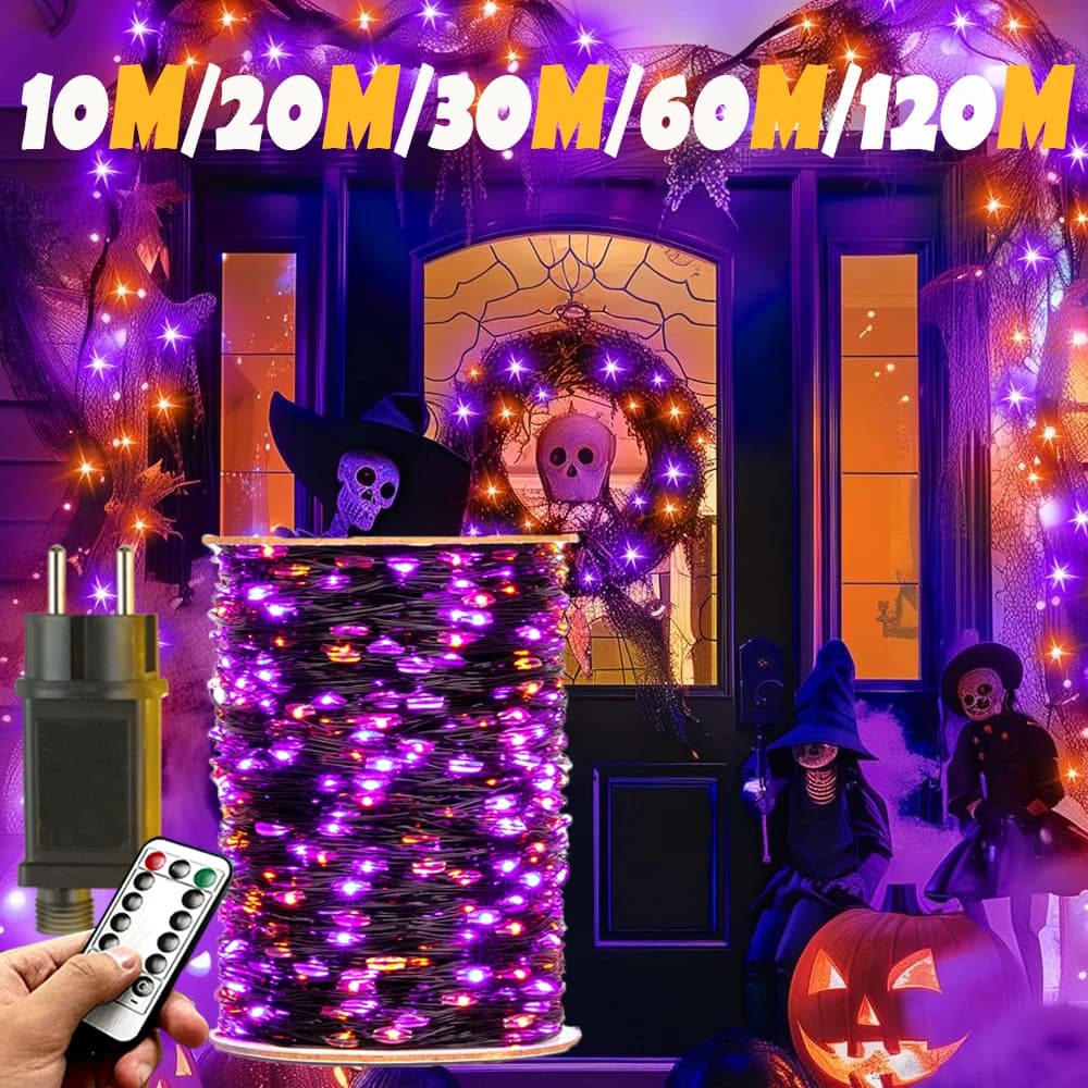 10-120 m Filo nero Halloween Viola e arancione Fata String Lights 8 modalità Outdoor per Natale Street Party Garden
