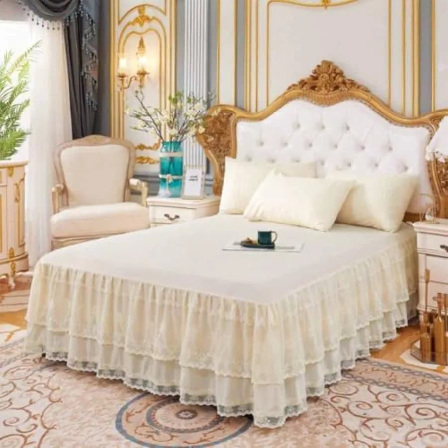 Double Lace Bed kirt for Queen Bed - 17in. Drop, Eay Fit Ruffle Bedkirt Wrap Around Bed kirt, Anti Wrinkle and Fade Reitant